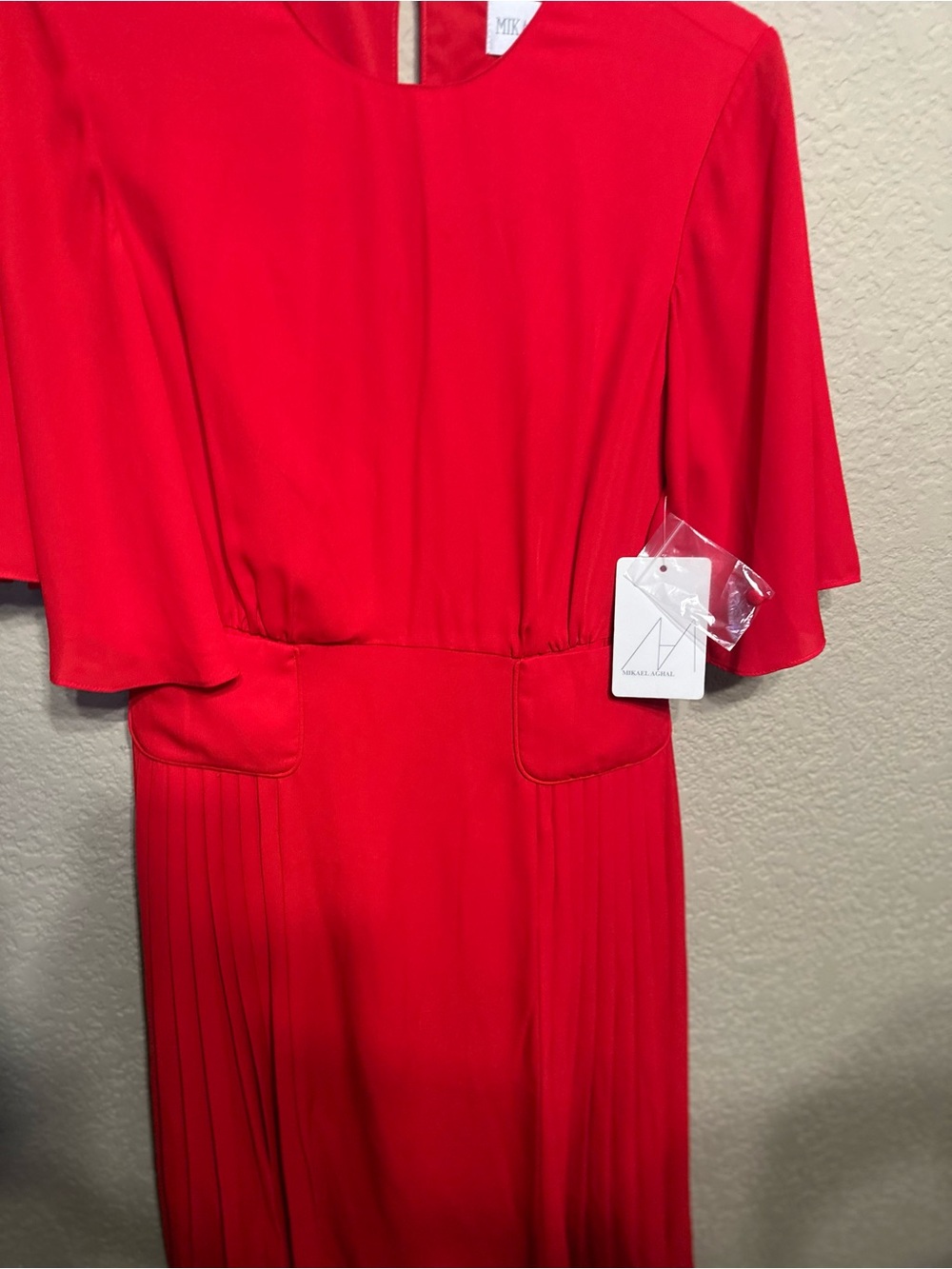 Mikael Aghal Red Midi Dress with Pleated Skirt